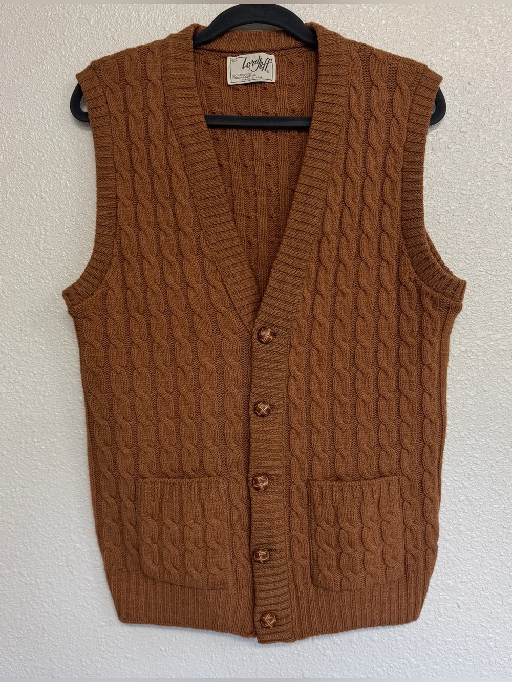 Vintage Lord Jeff Mens Large Knit Sweater Vest Camel Brown Made in USA